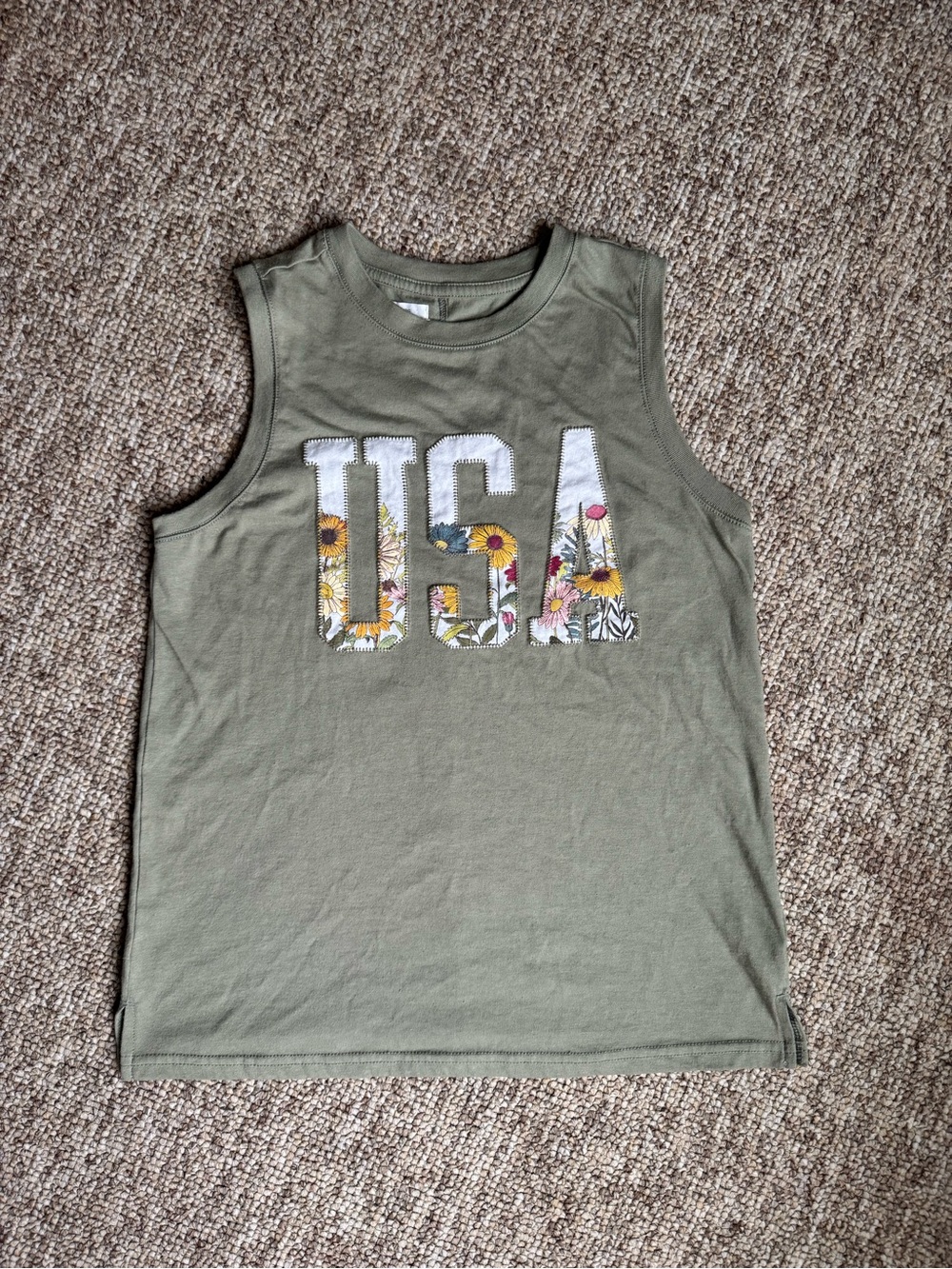 Olive Green Floral USA Tank Top XS